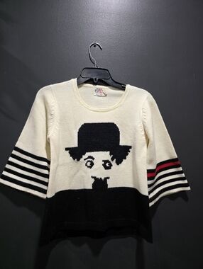 Vtg Charlie Chaplin Knit Pullover Sweater Pronto Collectible Acrylic Beige Sz S